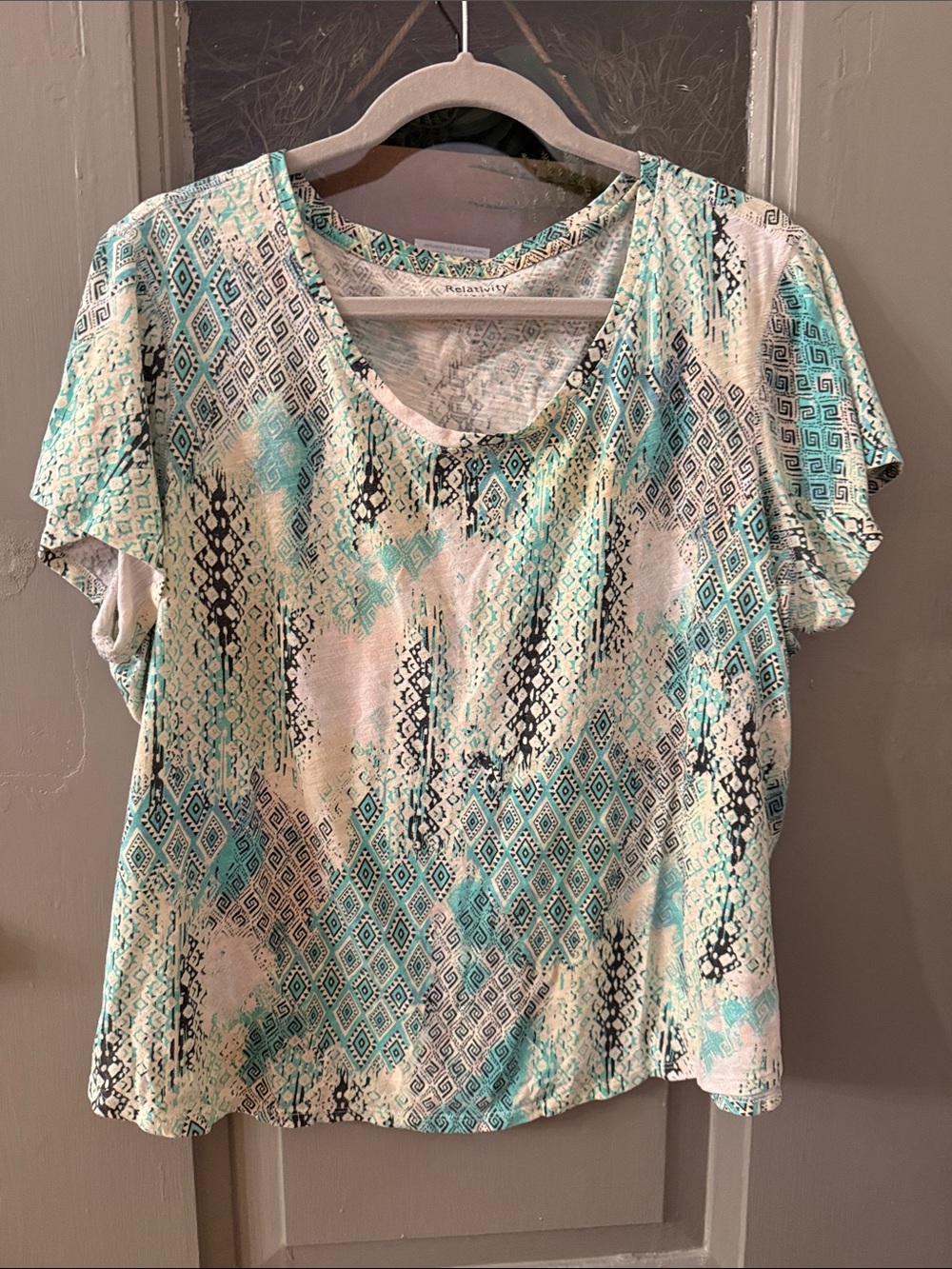 Relaxed Fit Women's Printed Scoop Neck Top - “Relativity” Aqua/ Green/ Tan/White
